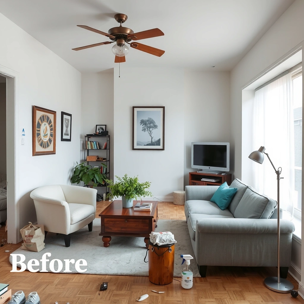 Before cleaning - messy condo living room