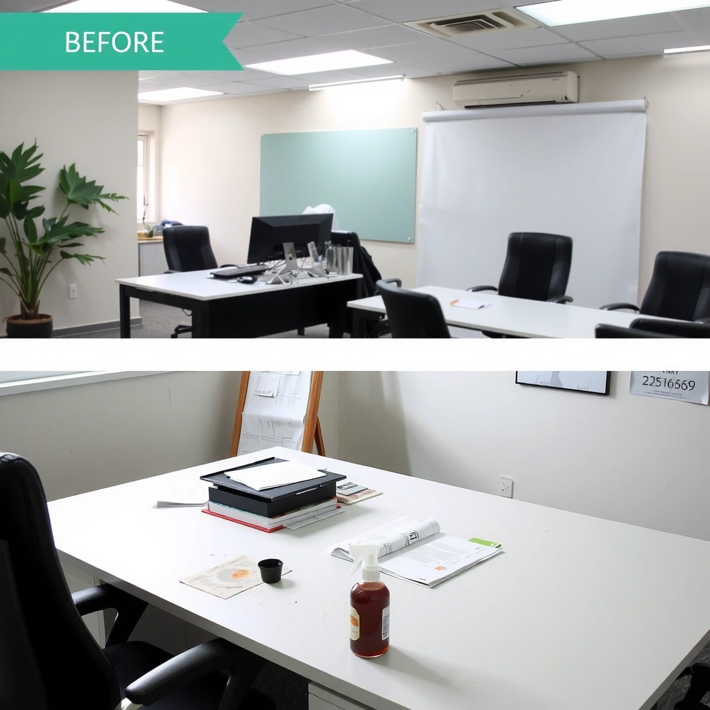 Before cleaning - messy office workspace